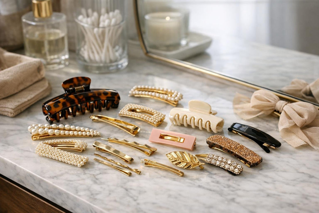 Assorted hair clips and barrettes arranged for seasonal styling