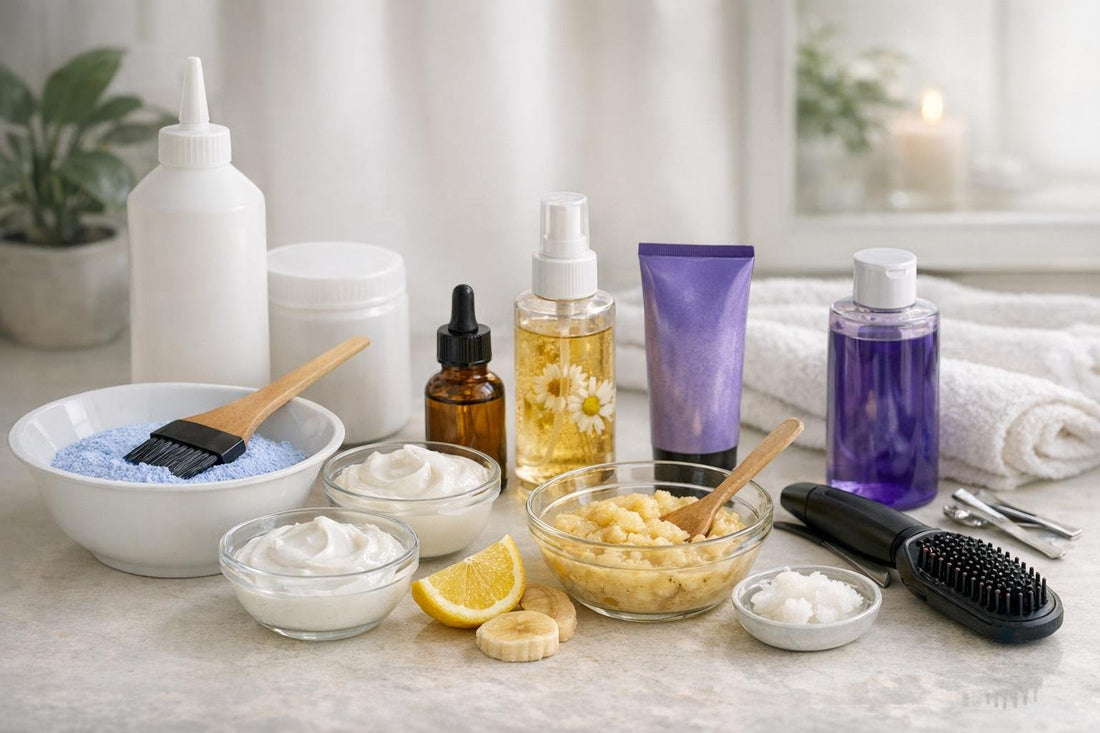 At-home blonding products and tools on table