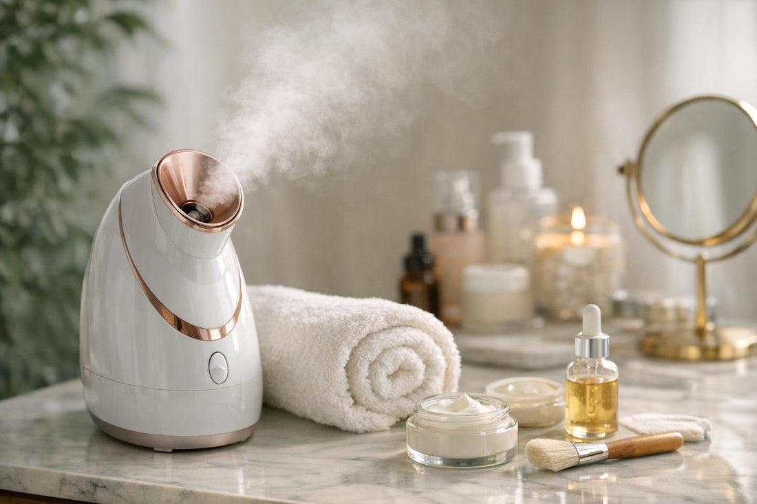 At-home facial steamer routine with towel and clean skin