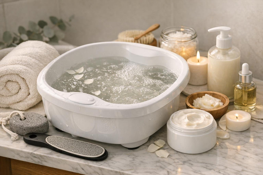 Warm at-home foot bath with towel, file, and cream