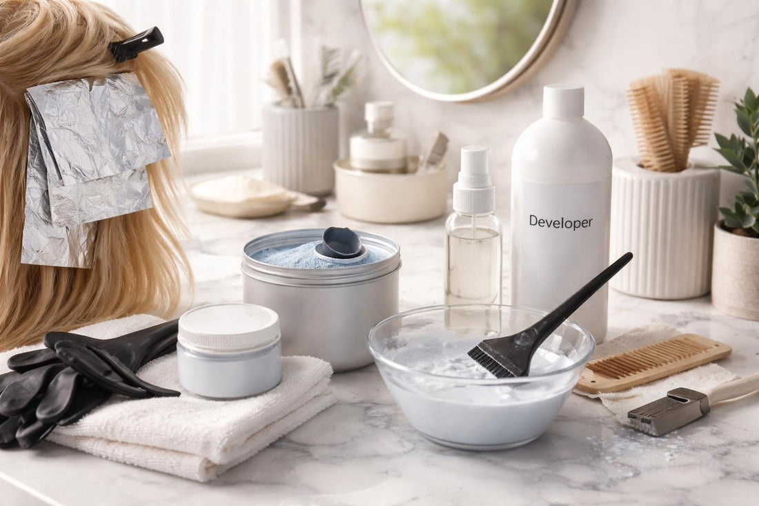 At-home hair bleaching tools and sectioned blonde application