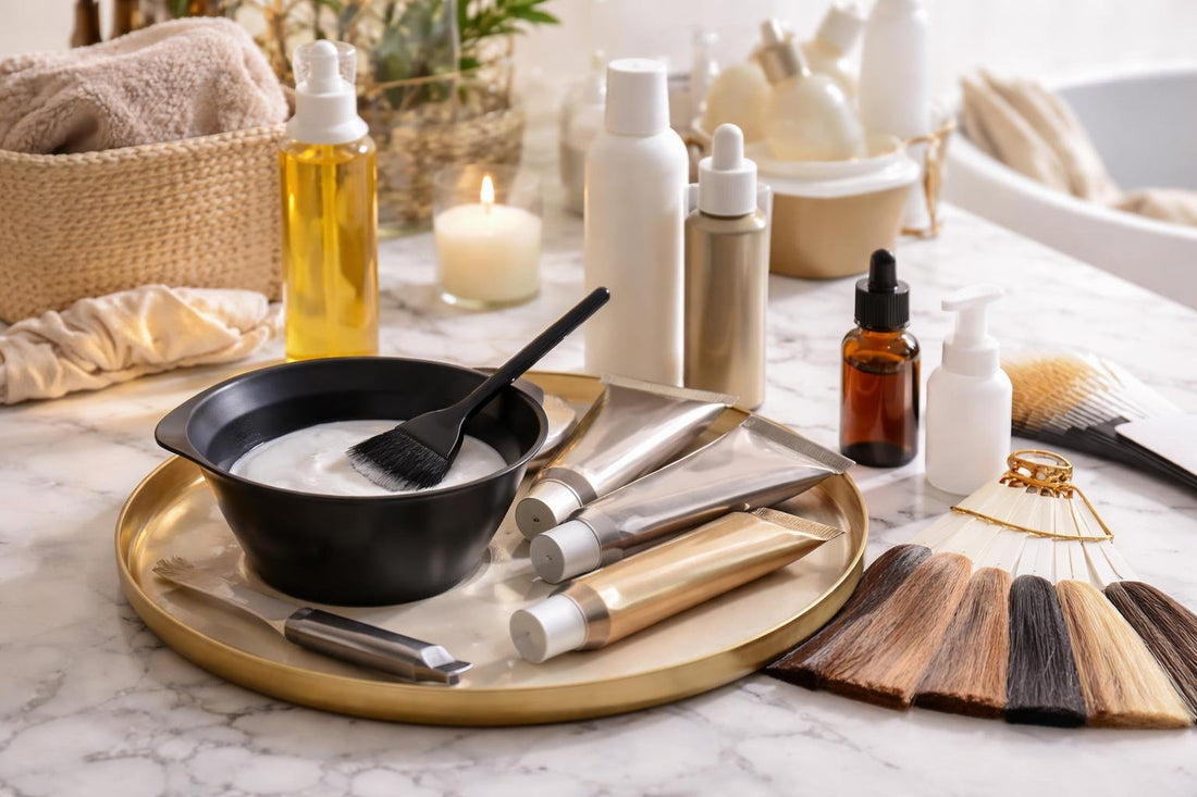 At-home professional hair color tools and shade swatches