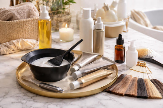 At-home professional hair color tools and shade swatches