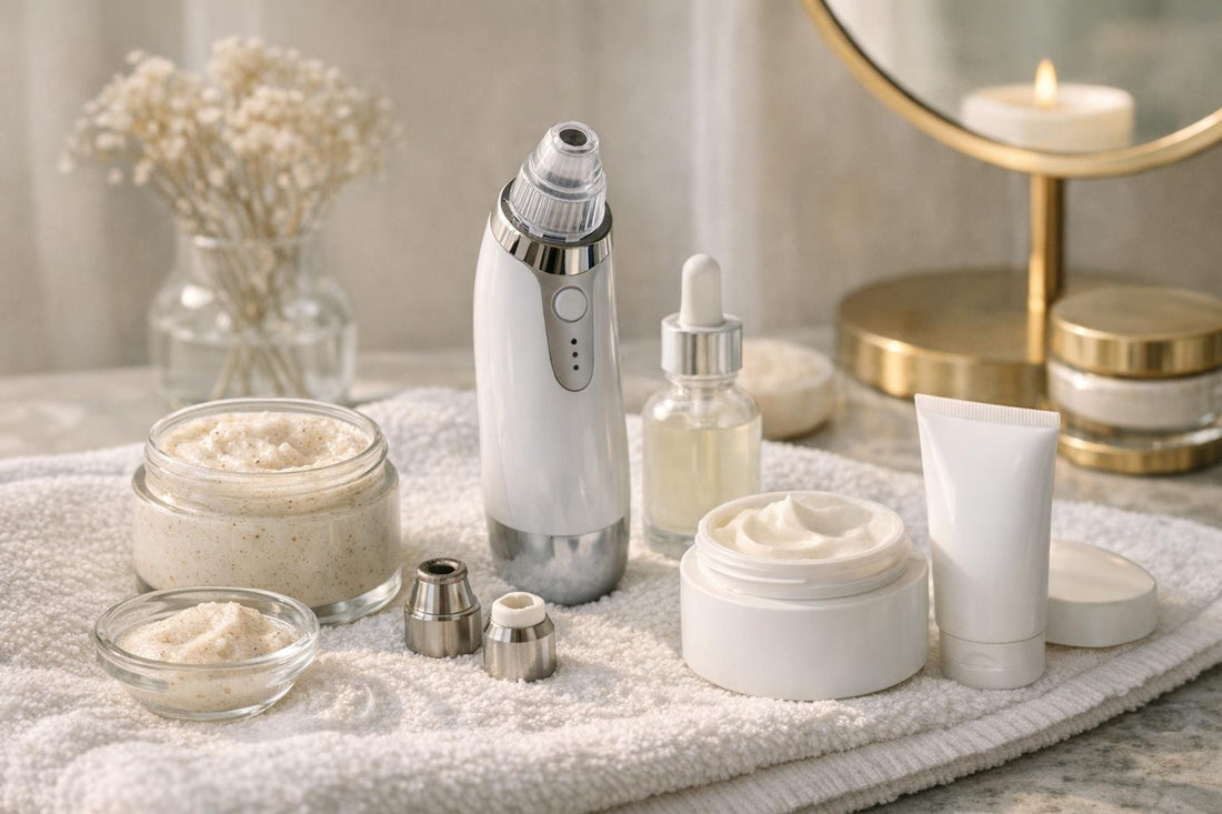 At-home facial microdermabrasion essentials laid out on towel