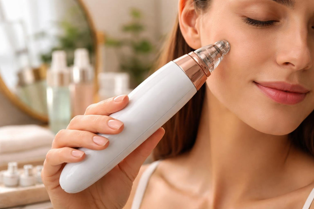 At-home microdermabrasion device used gently on cheek