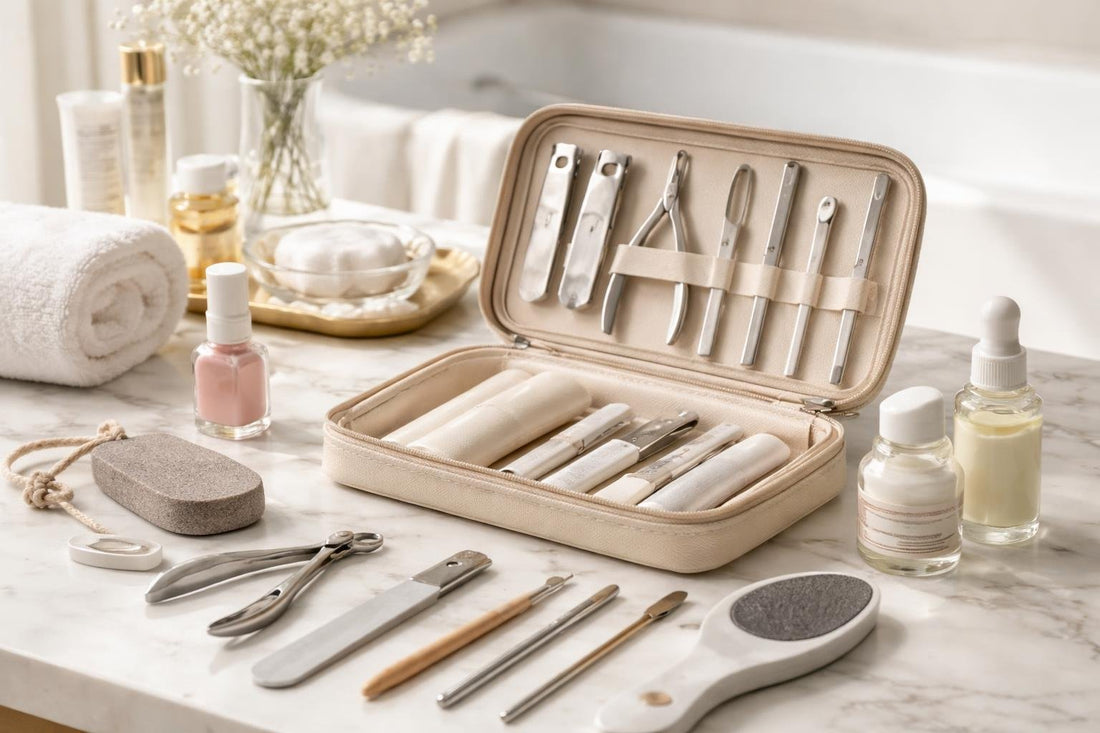 At-home manicure and pedicure care kit tools laid out