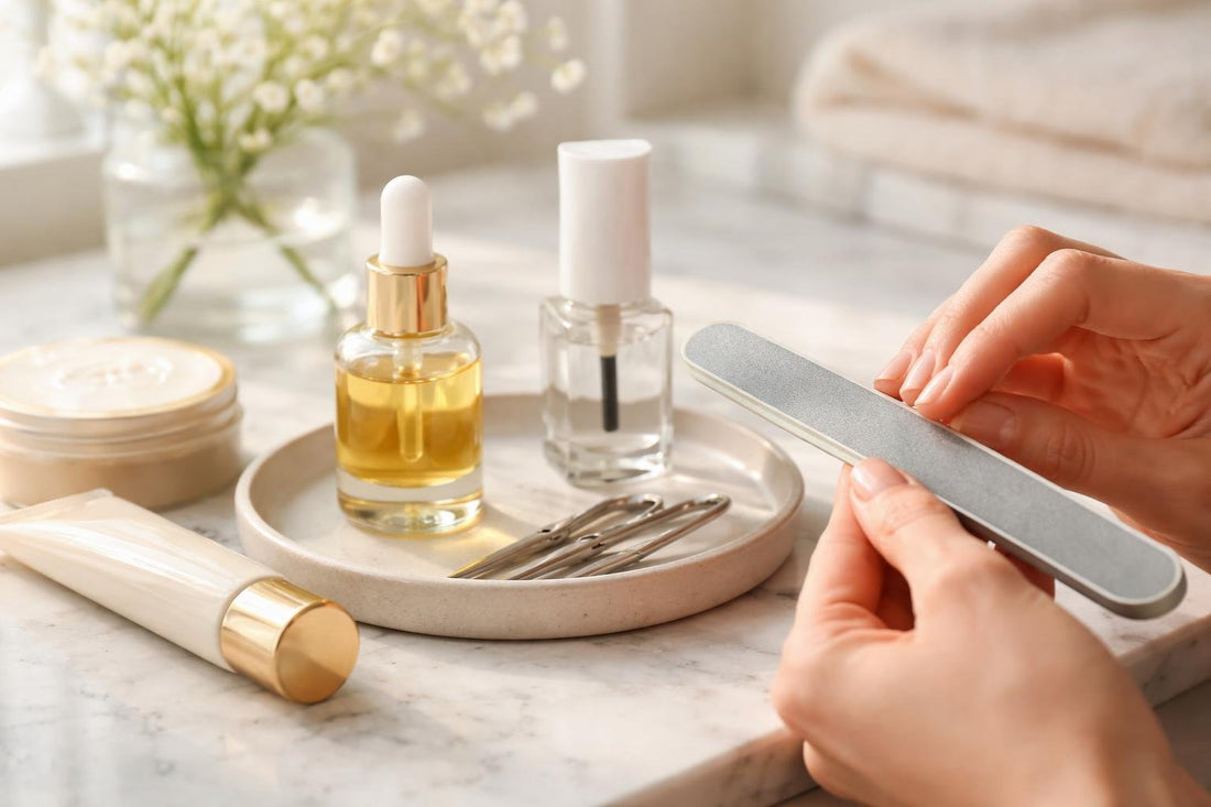 At-home nail strengthening routine with oil and file