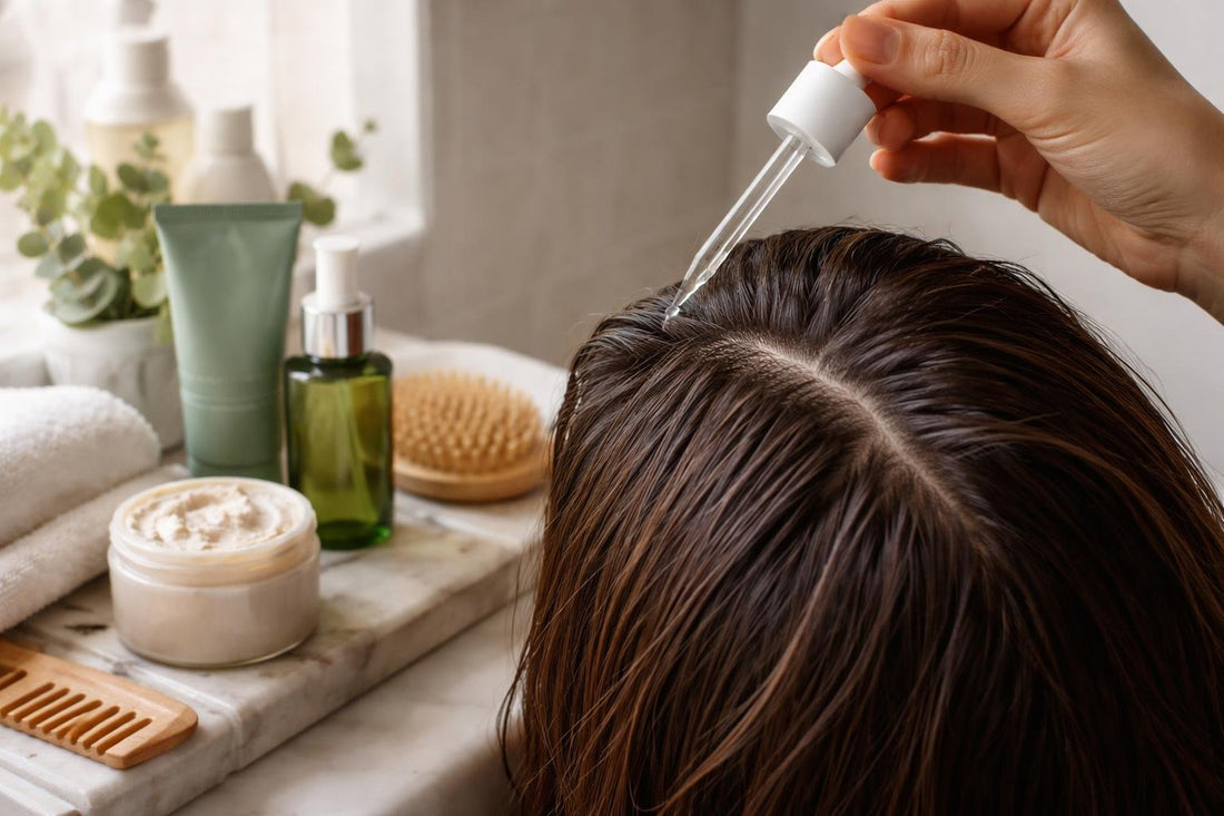 Applying a professional scalp treatment in clean hair sections