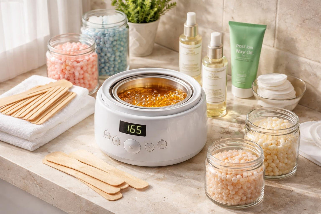 At-home professional hair waxing kit setup with warmer