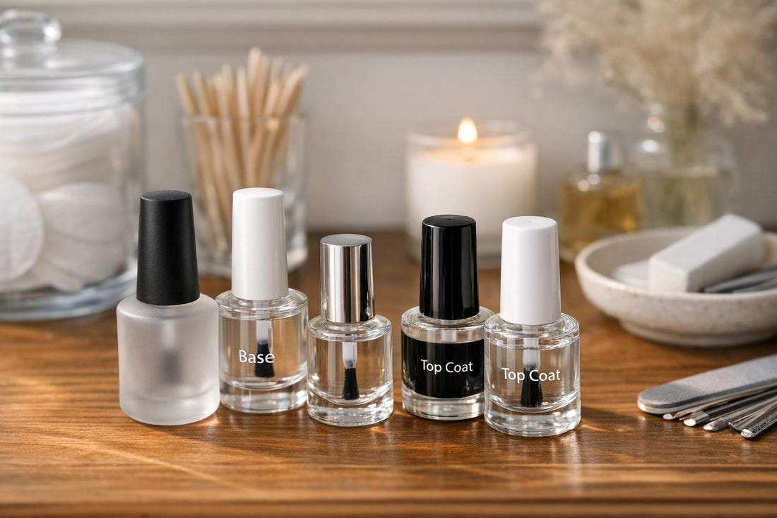 Assorted base and top coat bottles on a wooden surface
