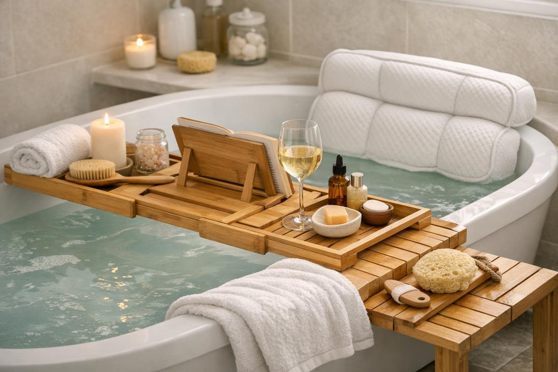 Bath tray, pillow, and mat set up for soaking