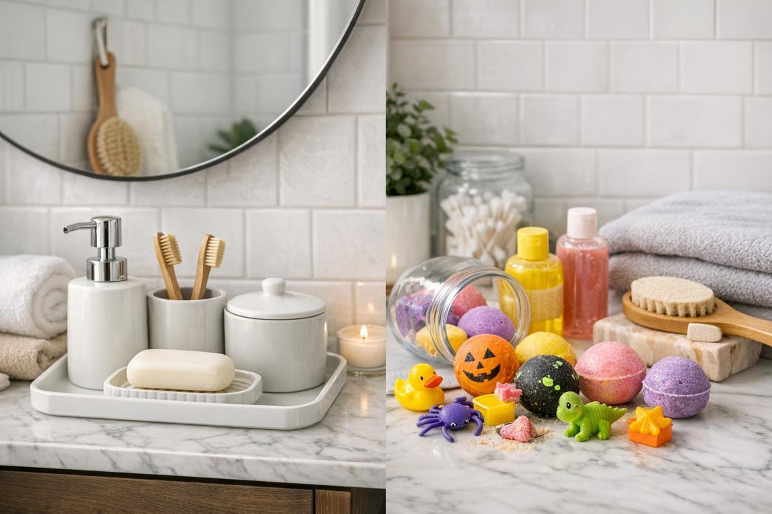 coordinated bath accessory set in small Toronto bathroom