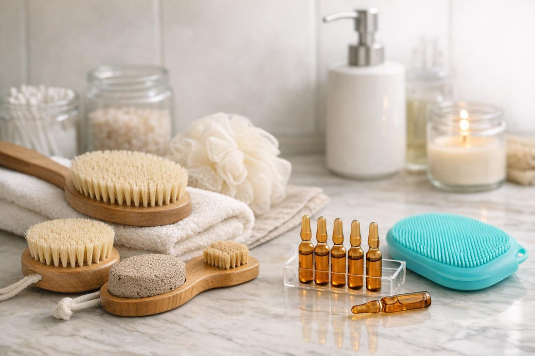 assorted bath and body brushes and silicone scrubber