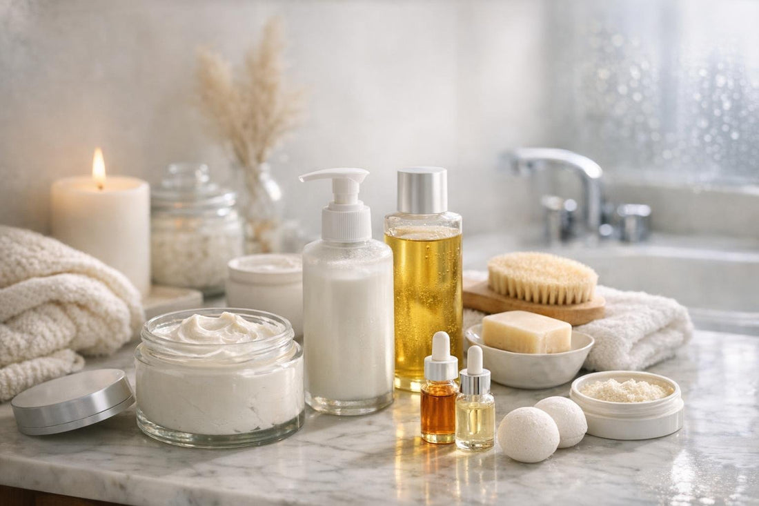 Winter skincare routine with bath and body products