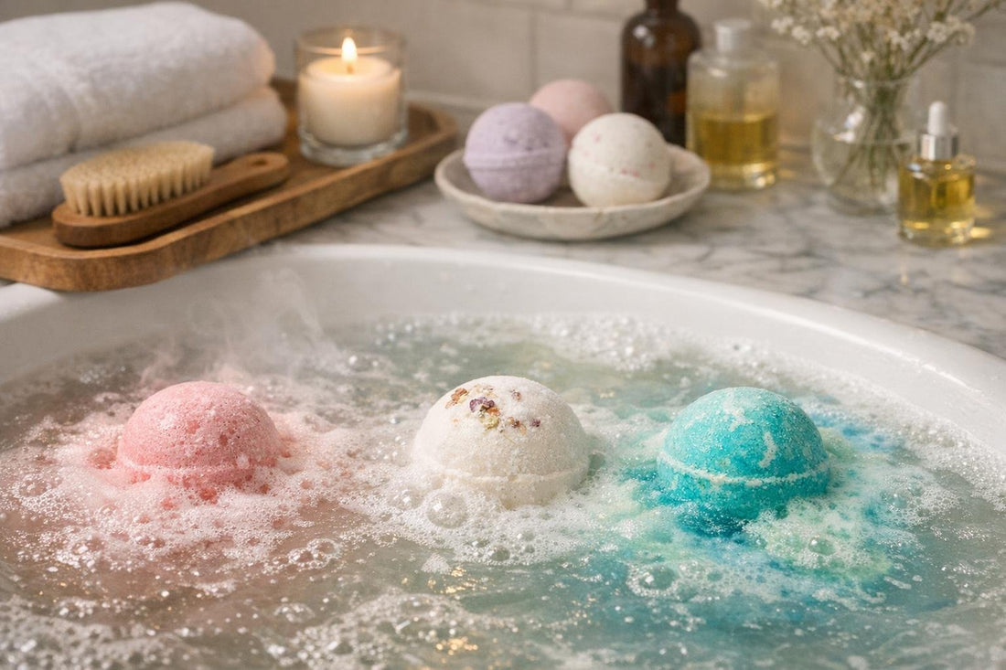 Bath bombs fizzing in warm bathwater for soft skin