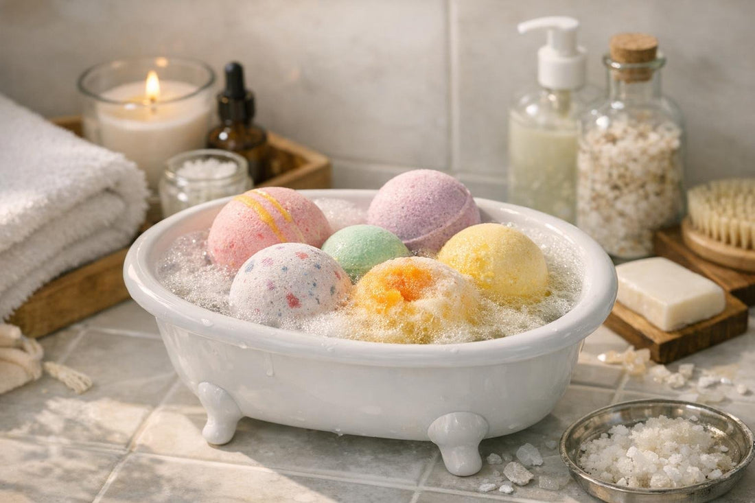 Assorted bath bombs in a small tub in Ontario