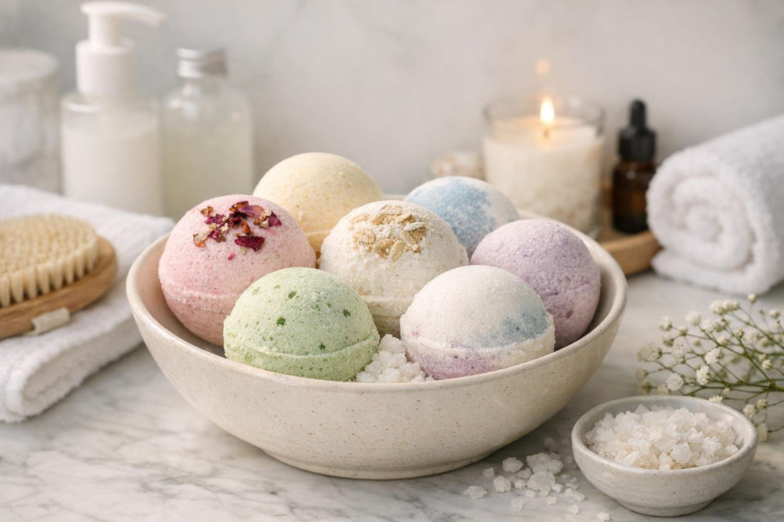assorted bath bombs in bowl for sensitive skin