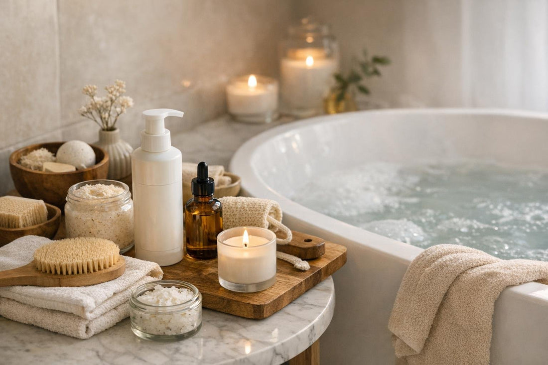 Bath essentials arranged beside a warm, relaxing bathtub