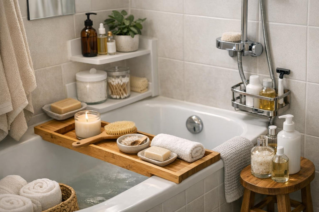 Compact bathroom with bath essentials collection items