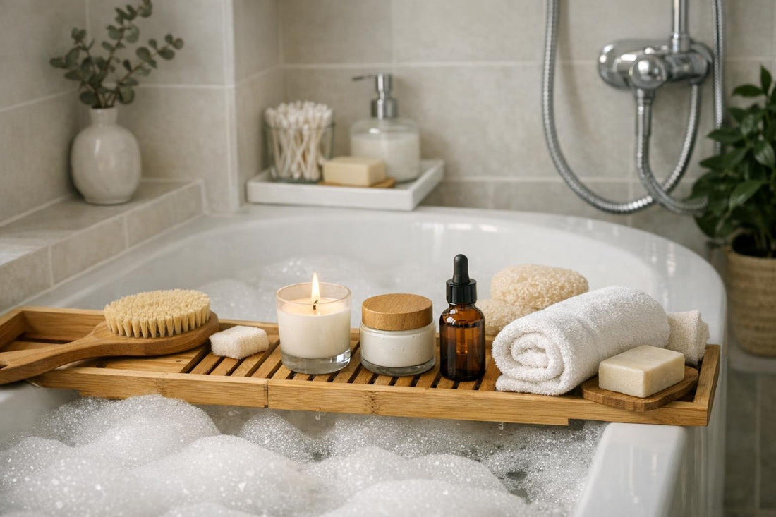 Small bathroom tub with bath essentials and bubble bath