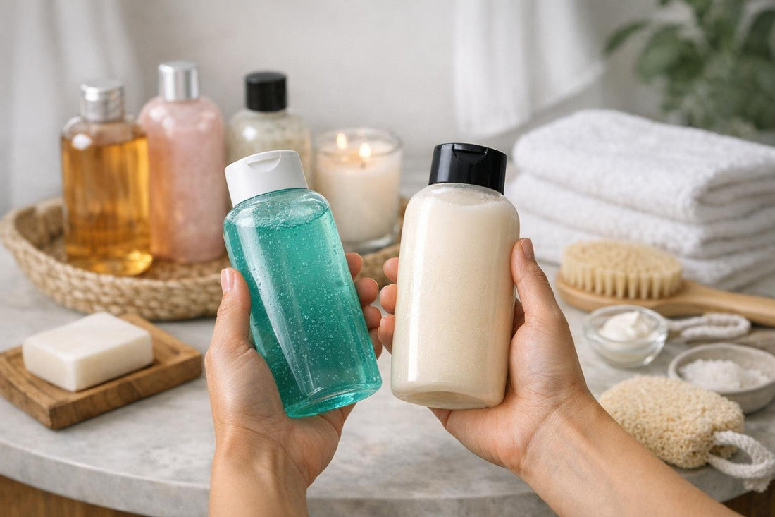 Toronto shopper comparing bath and shower gel bottles