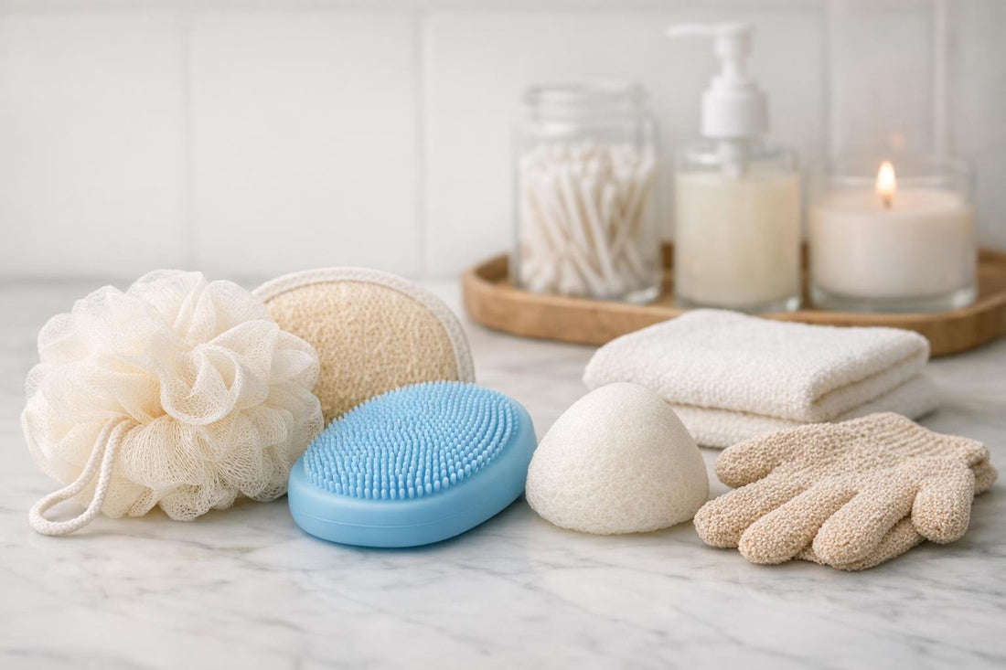 soft bath loofah and silicone scrubber close-up