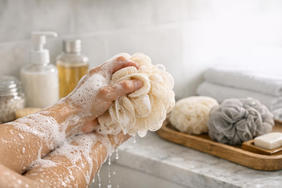Hands using a bath loofah with rich lather
