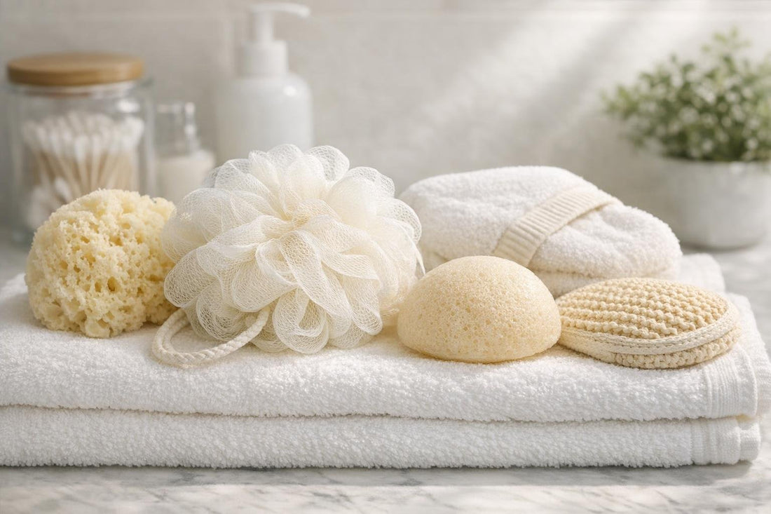 soft bath loofahs for sensitive skin on towel