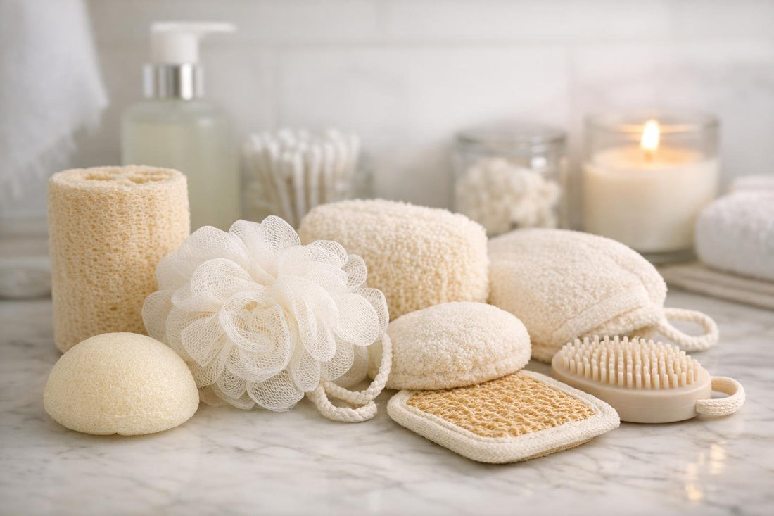 Assorted gentle bath loofahs for sensitive skin