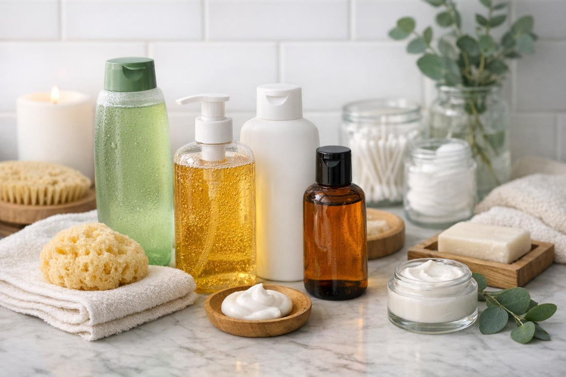 assorted bath and shower gel bottles in bathroom