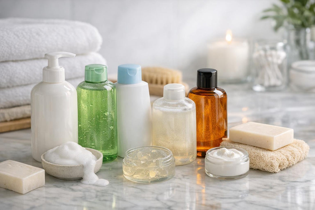 Assorted gentle shower gels and cream washes for sensitive skin