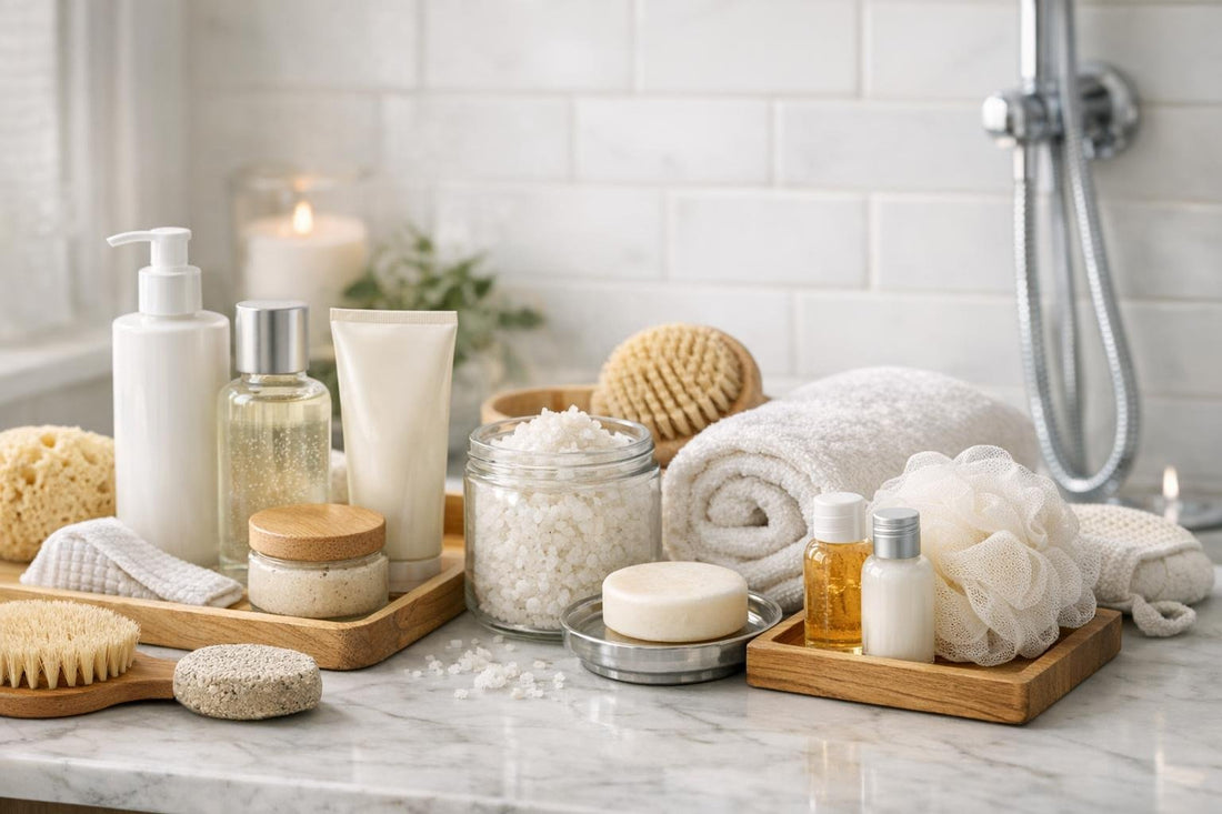 bath and shower set collection laid out