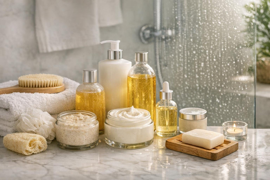 Layering bath and shower set products after a warm shower