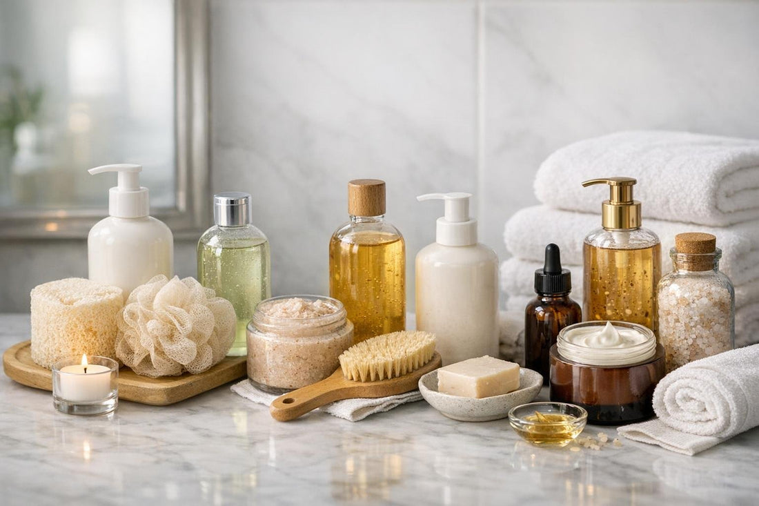 Bath and shower set items arranged for level-based routines