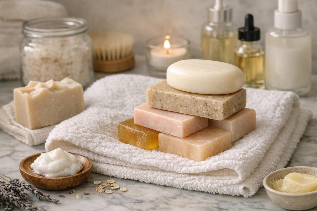 Assorted bath soaps on towel for dry winter skin