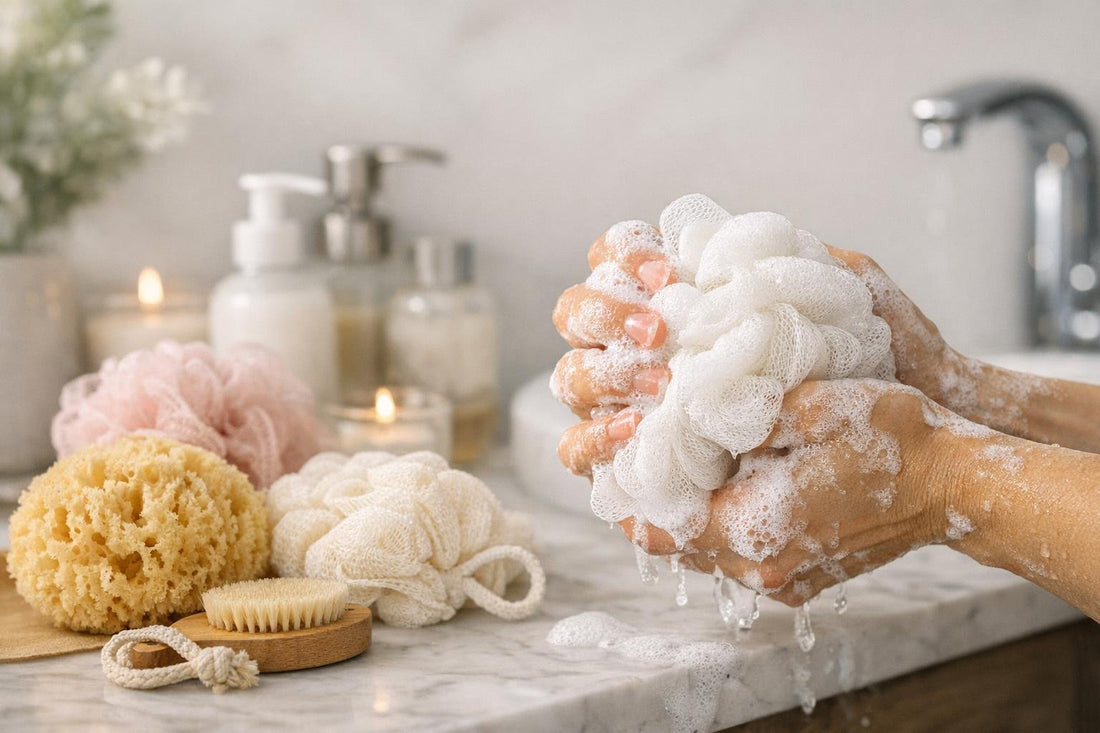 Hands lathering body wash with a bath sponge