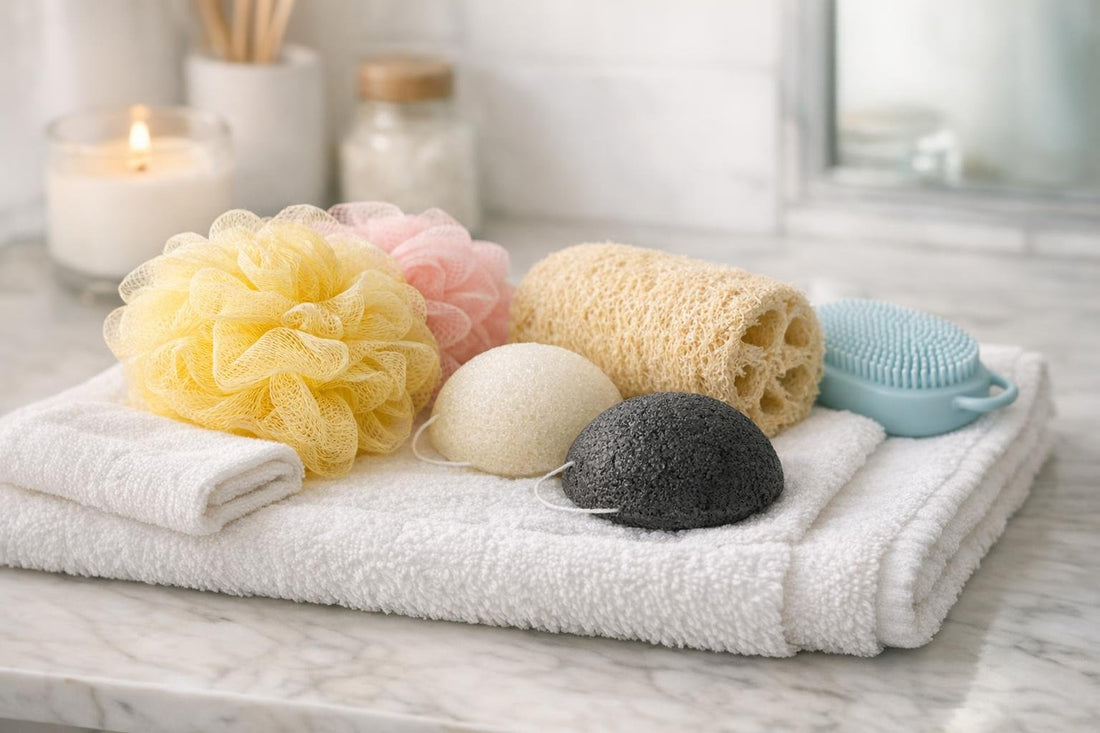 assorted bath sponges and alternatives on towel