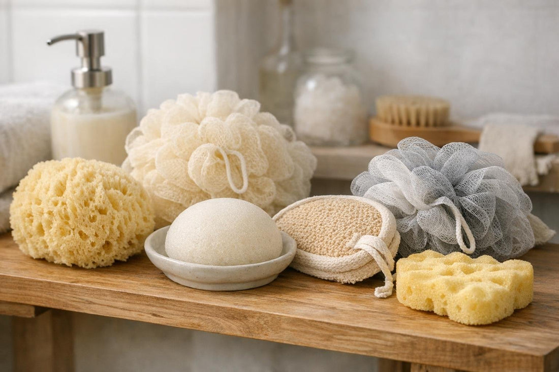 Assorted bath sponges on wooden shelf in bathroom