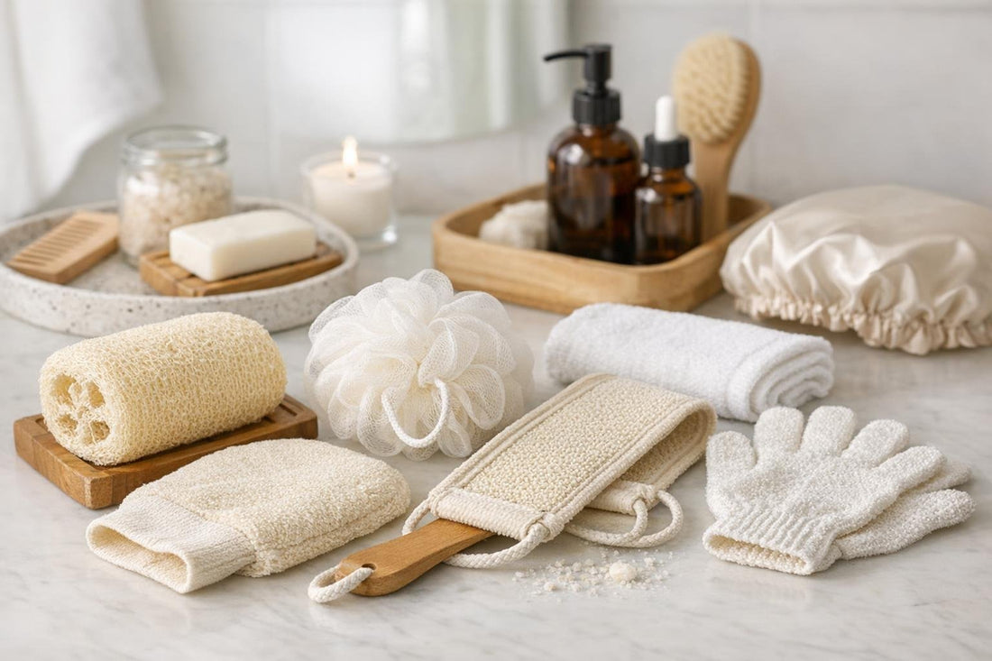 Bathing accessories laid out for a comfortable shower routine