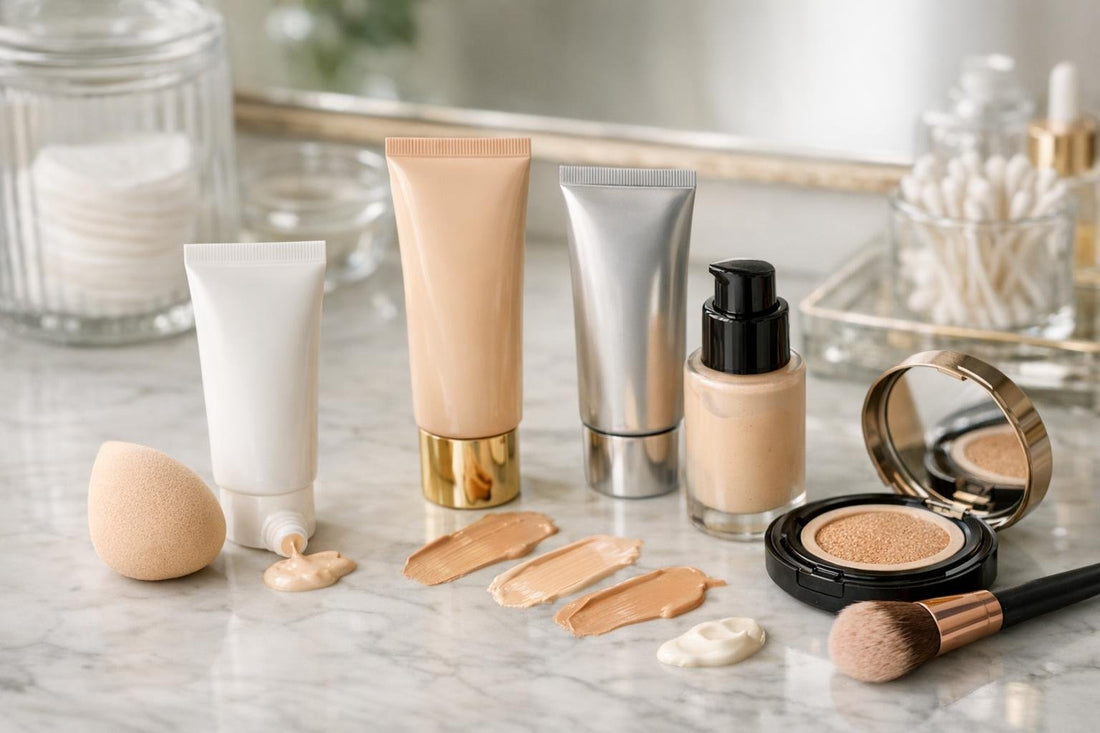 Assorted BB creams and application tools on countertop
