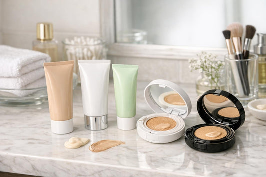 BB cream tubes and compacts on bathroom counter