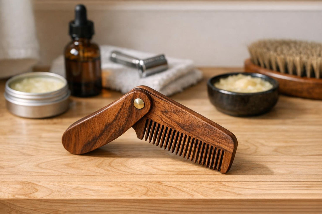 wooden folding beard comb on maple table