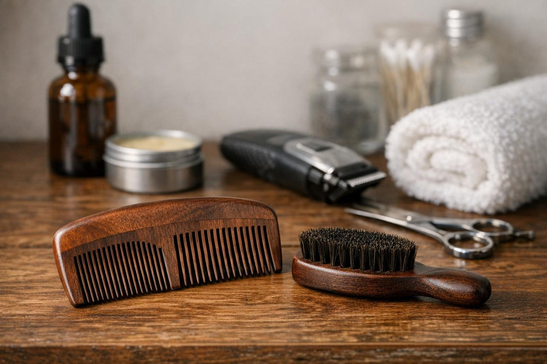 Beard comb and mustache brush on wood surface