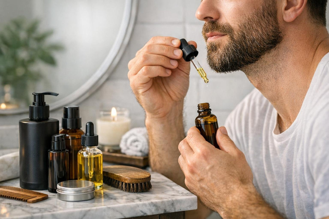 Toronto man applying beard oil to dry beard