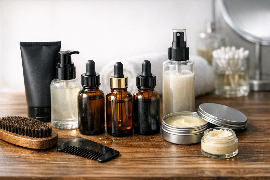 Assorted beard conditioners and oils on wood surface