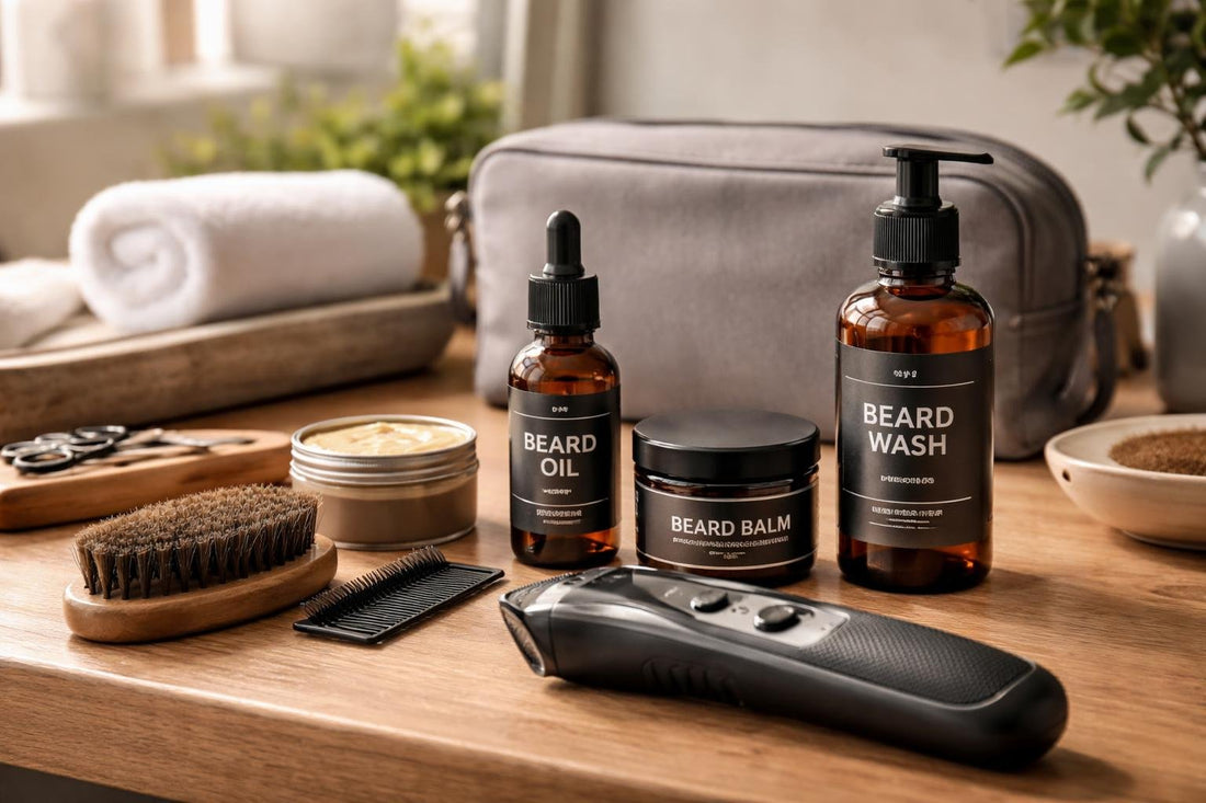 Beard grooming kit and trimmer on wooden table