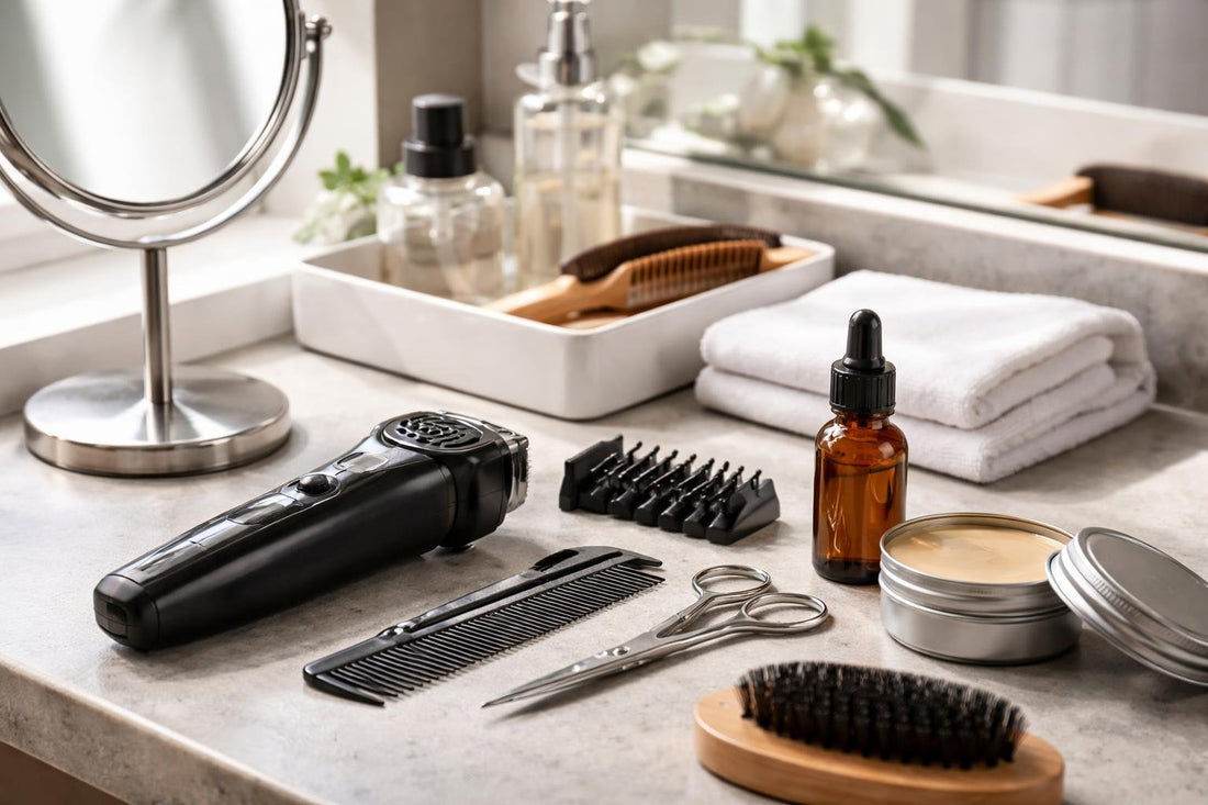 Man trimming beard and mustache for clean lines