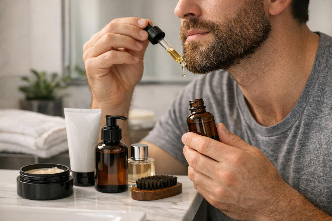 Man applying beard oil for dry itchy beard