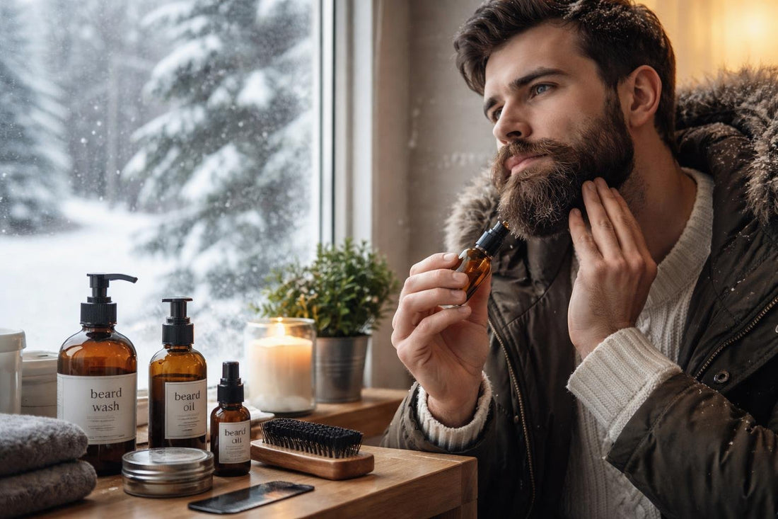 Man grooming beard in snowy Ontario winter