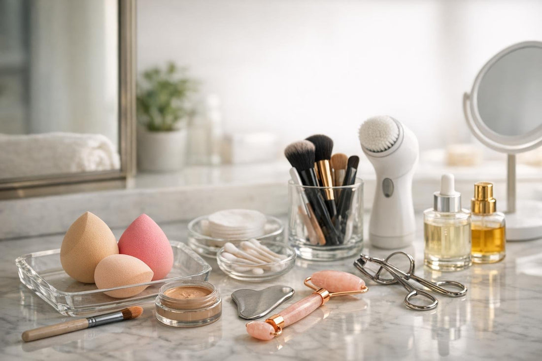 Clean beauty tools and accessories arranged for at-home routine
